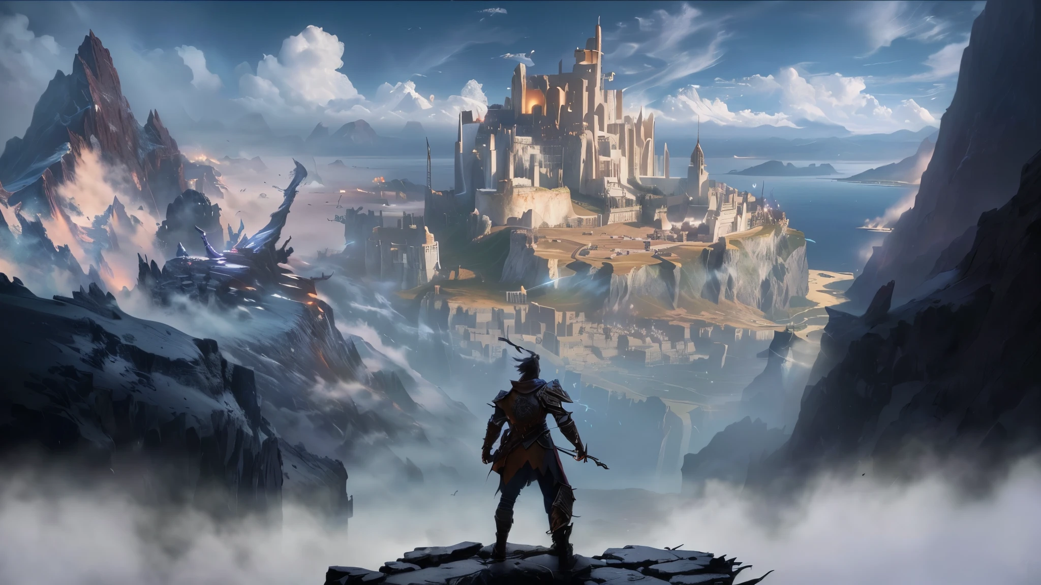 A warrior standing on a cliff，Look at the city in the distance，There is a dragon in the city，There is thick fog on the cliff，There are two cliffs close to each other on the left and right.，Magic style，Diablo art style，High quality details，8K