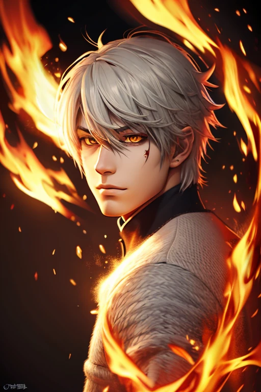 (Absurd, High resolution, Super detailed), masterpiece,Gray-haired, Yellow and red eyes,Silver Wolf Personification Boy,Odd Eye,My head is on fire, 火は体と収束します 乱流のIn flames, Detailed digital anime art, , In flames, Sacred Flame Spell, Handsome man in demon killer art, Fiery Hair, Burning wreath, Consists entirely of fire, Hair made of fire,White wolf ears