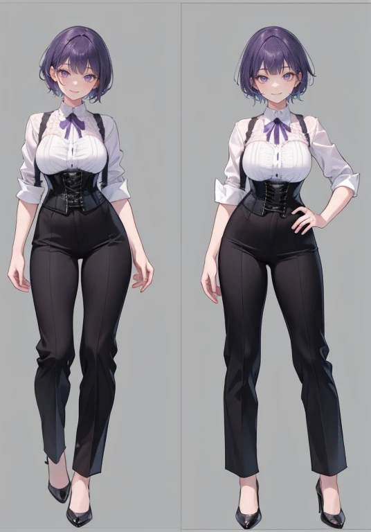Purple hair,short cut hair,Adult female,Bartender,((Body harness)),((Rolling up your sleeves shirt)),(Corset),(slacks),(slit),High heels,((Simple background)),Smile,((Full body)),((whole body)),Character Sheet,