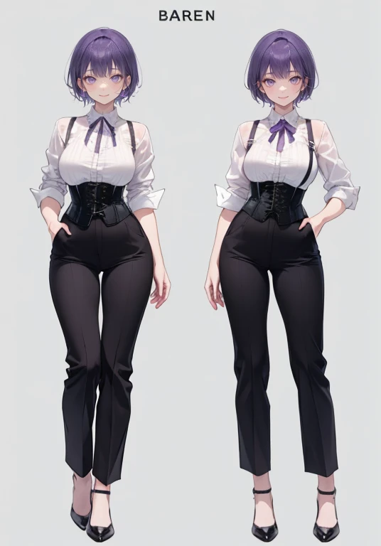 Purple hair,short cut hair,Adult female,Bartender,((Body harness)),((Rolling up your sleeves shirt)),(Corset),(slacks),(slit),High heels,((Simple background)),Smile,((Full body)),((whole body)),Character Sheet,