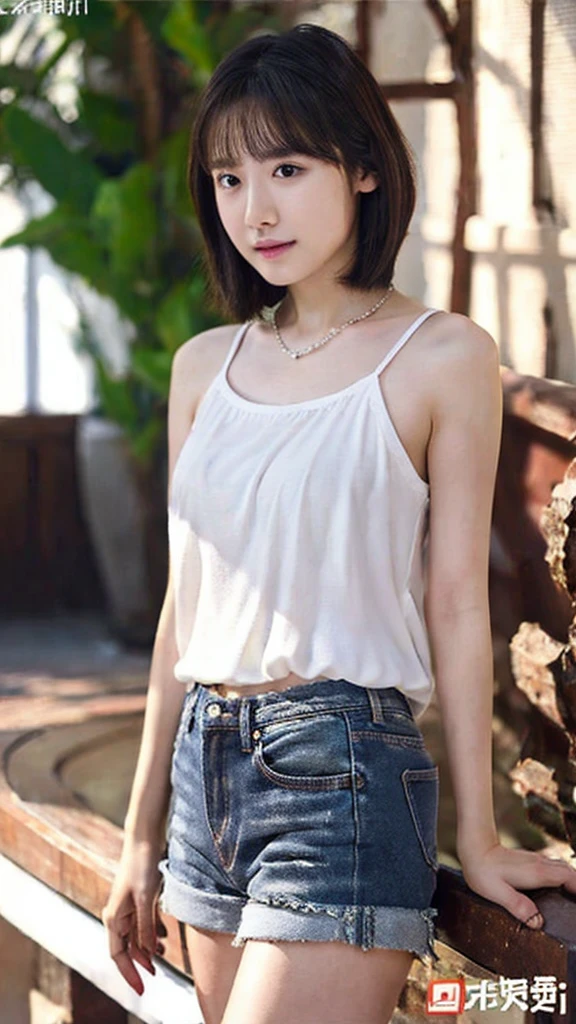 (highest quality、8k、32k、masterpiece、Hmph:1.2)、Cute Japanese Women Photos、Wolf Cut Hair、Brown hair shorthair,Full Body Shot、Face Focus、White short tank top、Super denim shorts、necklace、From above、Very delicate face, Skin and Hair,Muscular,Slender,High Style,high resolution、The background is the coast、Kind eyes、Large Breasts、telescope lens、High-definition camera、looking at the camera、White thighs