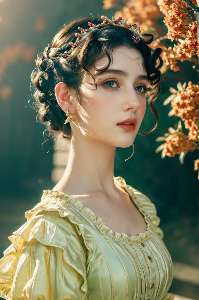 ( masterpiece, top quality, best quality,8k,************ girl,ultra detailed,raw photo:1.5),(photorealistic:1.4),(cinematic lighting), PerfectNwsjMajic, , Surrealism, UHD, ccurate, Super detail, textured skin, High detail, Best quality, dynamic angle, (high nose,White skin),[Beautiful blue eyes],(1girl),(good anatomy:0.5)), a woman in a dress, rococo queen, rococo fashion, rococo style portrait,rococo dress, rococo cyberpunk, No estilo de arte de Bowater, Senhora Vitoriana, Dreamy atmosphere,expressive brush strokes, mystical ambiance, Artistic interpretation, a whimsical illustration, Subtle colors and tones, face, (pin curls hairstyle)