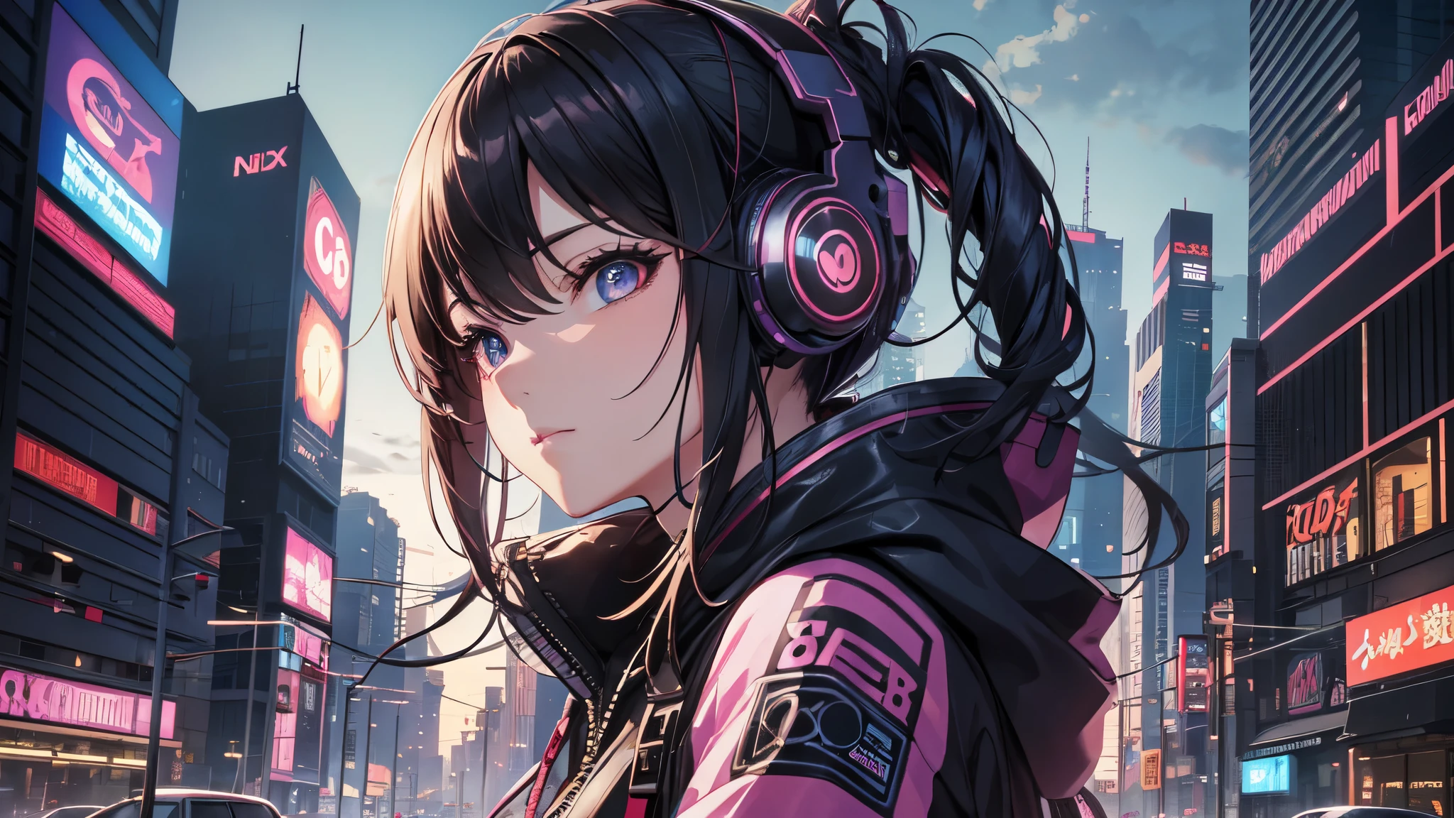 ((masterpiece, highest quality, Best image quality, High resolution)), ((Highly detailed CG synthesis 8k wallpaper)), Anime girl with futuristic hair and headphones in front of a city, Digital Cyberpunk anime art, Cyberpunk Anime Girl, Digital Cyberpunk - Anime Art, Dreamy Cyberpunk Girl, female Cyberpunk Anime Girl, Cyberpunk art style, Portrait of a cyberpunk girl, anime cyberpunk art, Anime Style 4K, Cyberpunk beautiful girl, Cyberpunk atmosphere, Cute Cyborg Girl, Cyberpunk anime art, Anime Style. 8k、Close-up face