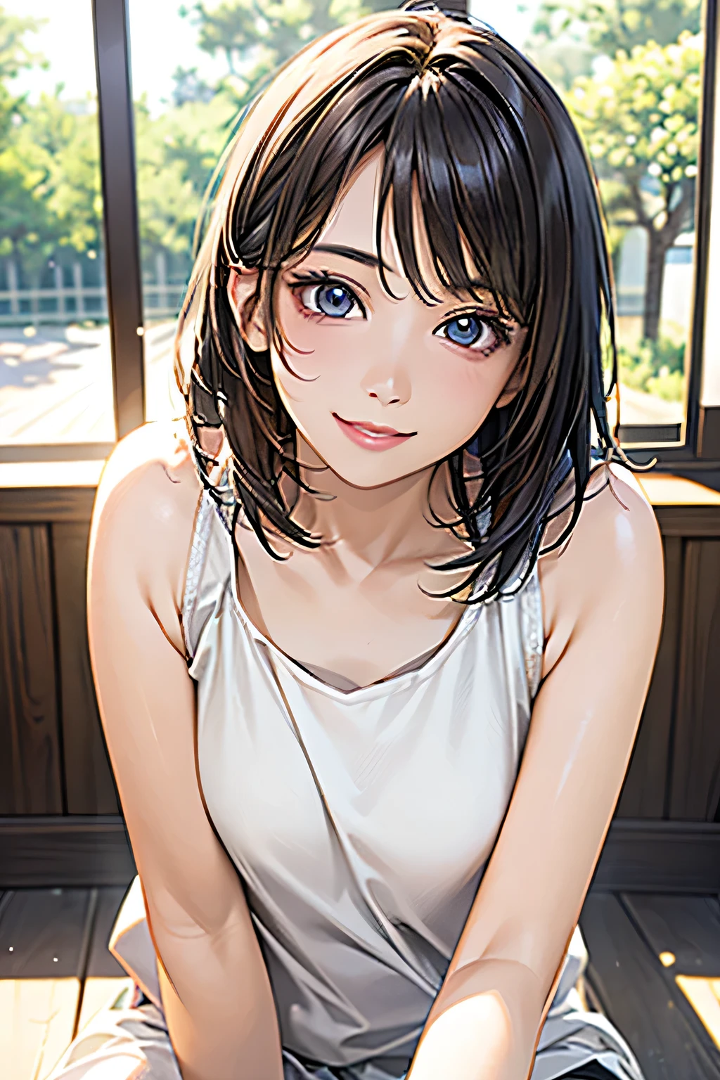 ((highest quality、8k、masterpiece、Realistic:1.4、detailed、Beautiful and detailed))、Detailed Skin、Beautiful and clear eyes、Natural smile、Beautiful girl with a smile、Bright sunlight, Perfect Anatomy,