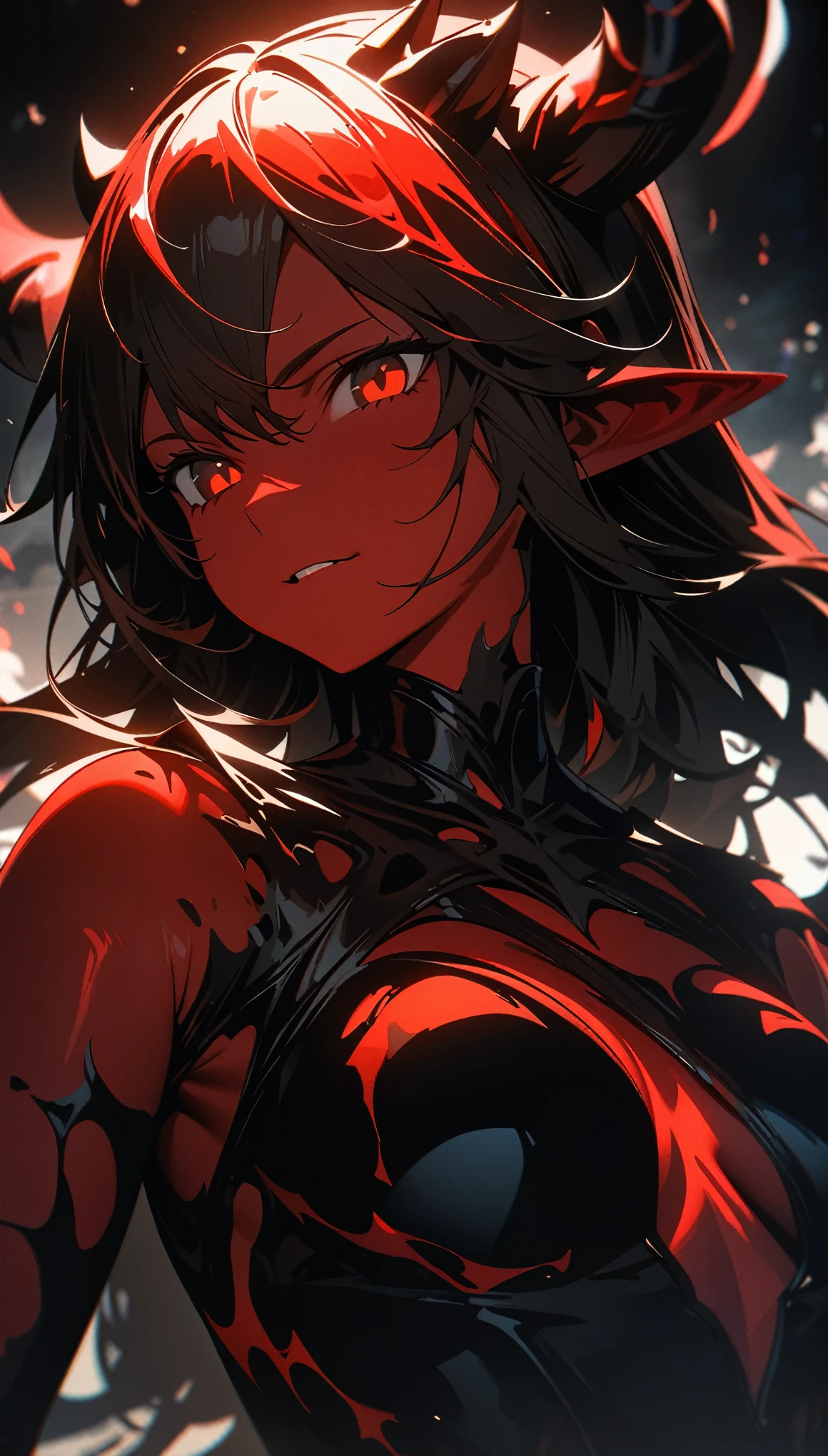 (high quality, 8k, 4K, High Detail, High Contrast, masterpiece:1.2, 最high quality, Best aesthetics), ((1 female)), Devil in the Lava, Red skin, Lava Body, Devil horns, Devil&#39;s Wings, Low-set wings, Encased in lava, Devil&#39;s Roar, Impressive fantasy artwork, Random Pause, Dutch Angle, Lava landscape, Ultra-fine illustration.