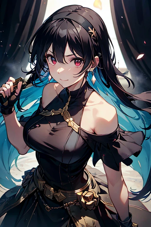 yor briar, anime style beutiful woman, 1girl, happy, sexy pause,(with sparkling eyes and a contagious smile:0.9),red face, closed mouth, beautiful detailed eyes, super detailed skin, backlighting, bare shoulders, black background, black dress, black gloves, black hair, breasts, dress, earrings, fingerless gloves, floating hair, floral print, flower, gloves, gold earrings, gold hairband, hair flower, hair ornament, hairband, holding, holding weapon, jewelry, large breasts, long hair, looking at viewer, off-shoulder dress, off shoulder,red eyes, short hair with long locks, sidelocks, solo, spikes, thighs, two-sided dress, two-sided fabric, weapon, fighting stance , face, close up, from above, highest quality, looking at viewer,high resolution.