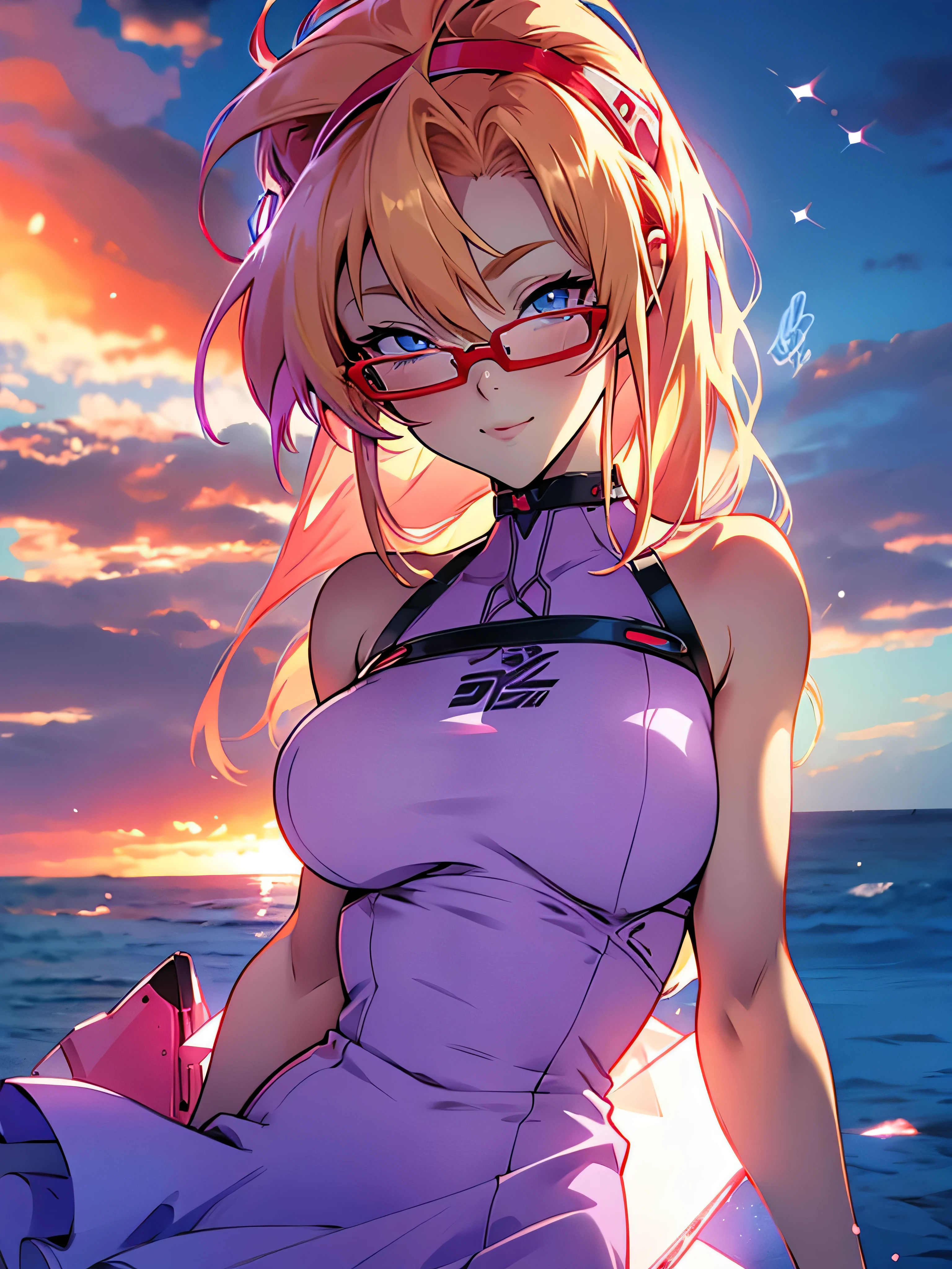 anime,An illustration,purple robot,Mobile Suit,Dom,Light blue check dress,Red glasses,Blonde,Light blue mesh hair,beautiful girl,Sora Sakurano,one person