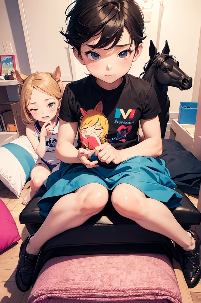 (masterpiece, best quality:1.1),
(popart style),flat color,boy and girl,(anthropomorphic horse girl),cute face,tween,girl breathing on sleeping boy,room,beautiful lighting,very happy,dynamic pose,photographic portrait, sharp,Illustration by okama,