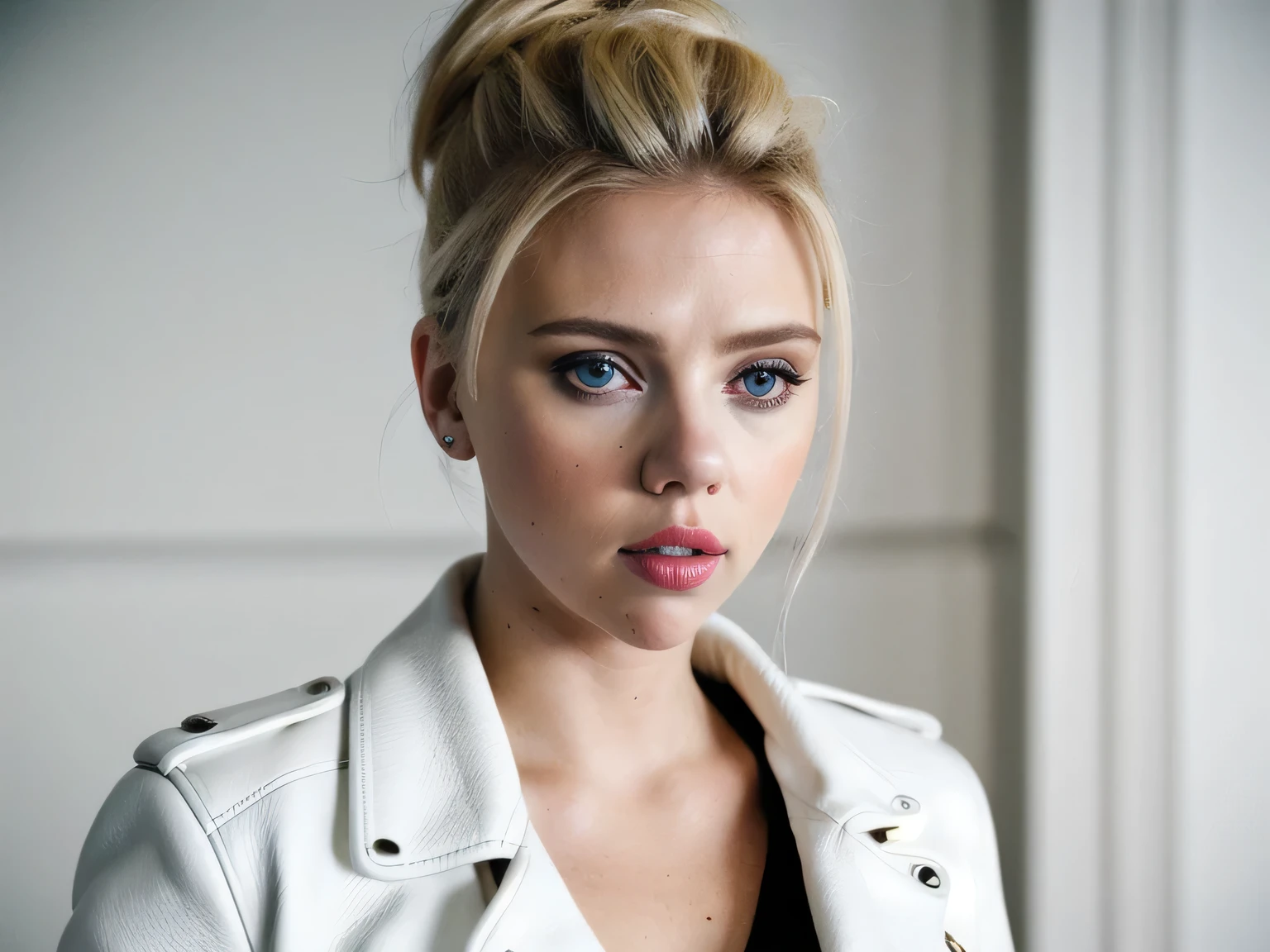 a woman with blonde hair wearing a white leather jacket and a white top knoted in a bun with a white leather jacket,realistic skin details,realistic hair details,makeup,eyeliner,lipstick,(freckles:0.3),red lips:1,eyeliner:0.9, as Scarlett Johansson
