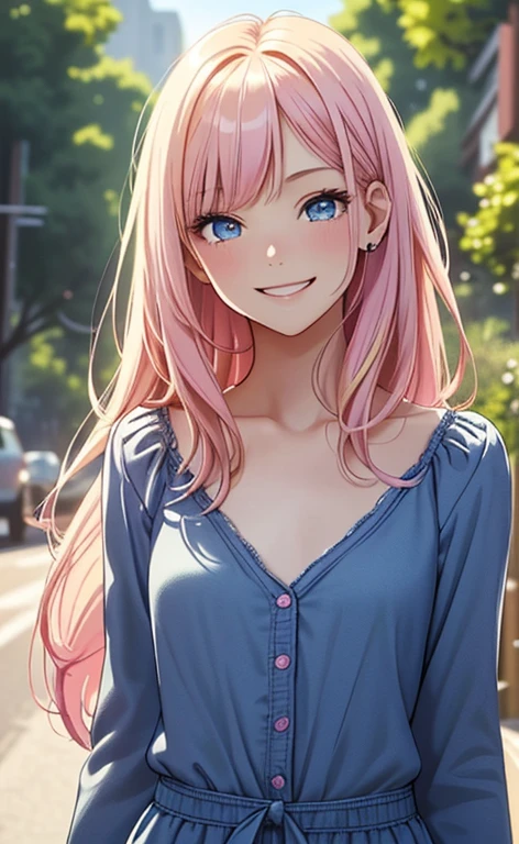 (masterpiece:1.4、top-quality、illustration:1.4,realistic、)、(character focus、,upper body:1.3)、(1girl),(happy smile:1.3),(cute),cute face,blue eyes、(cute)、
,(stand:1.4),(pink blonde　hair),
,(slender),（loose dress:1.3),
(), (flat chest:1.3)、
、slender、