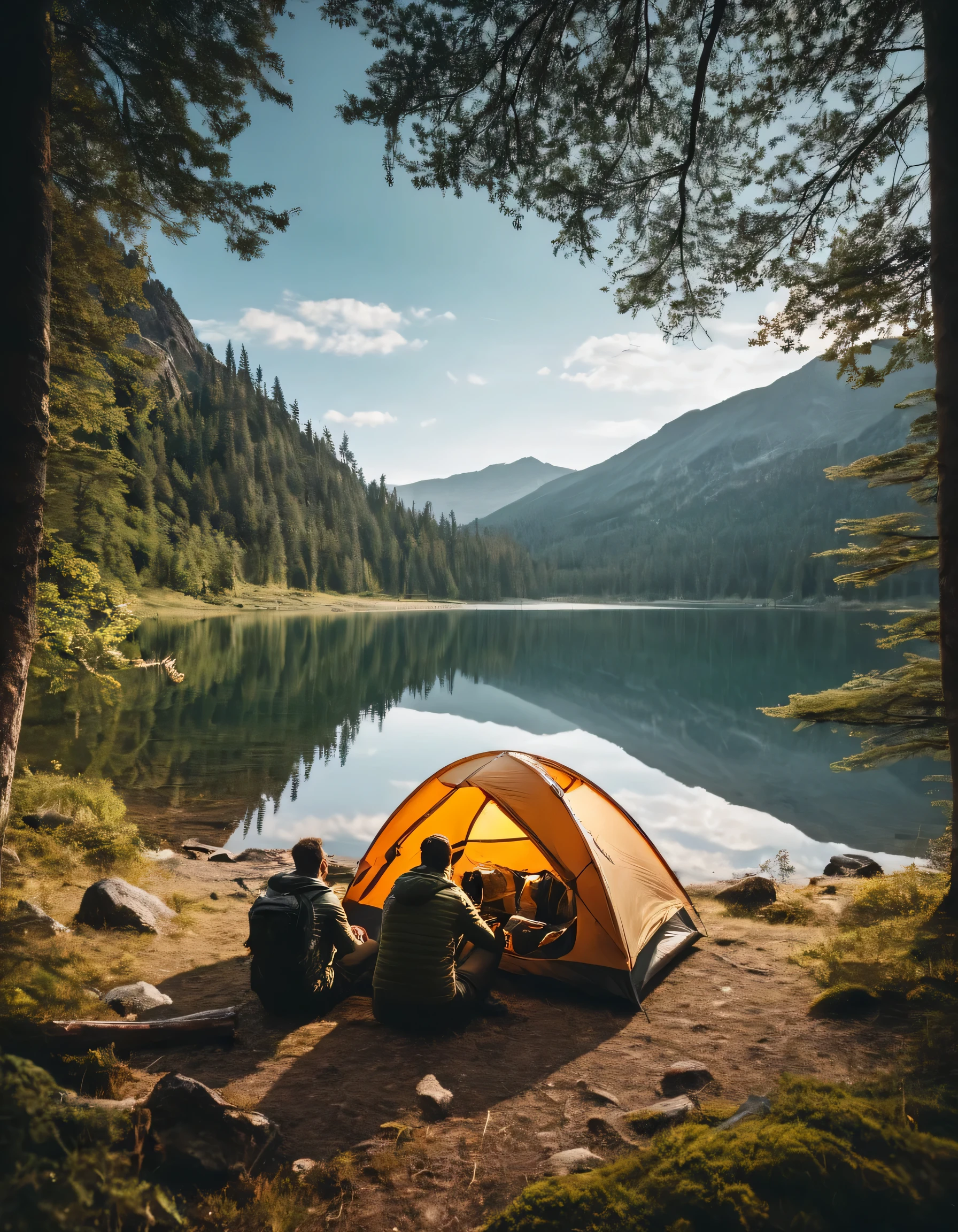 there are two men sitting in a tent next to a lake, epic scenic shot, all in the amazing outdoors view, camping, adventuring gear, peaceful environment, wilderness ambiance, beautiful environment, chill time. good view, outdoors, epic view, setting in nature, immensely detailed scene, perfect composition artem demura, beautiful place, relaxing environment