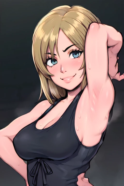 masterpiece, best quality, aya brea, looking at viewer, large breasts, upper body, portrait, seductive smile, put your hands behind your head, armpits, armpits visible, sweaty armpits, wearing black tanktop