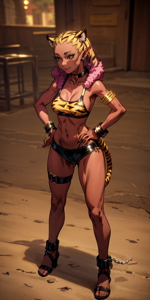 (Masterpiece, best quaility, 4k) (black gyaru darkest skin) (pointy ears) (tiger tail) (Drolta Tzuentes) wearing yellowish tiger print bikini, hands on hips, full body golden = (shackles wristbands, chains, bracers, handcuffs) leather collar choker, metal sandals, big knockers, happy closed mouth red cheeks