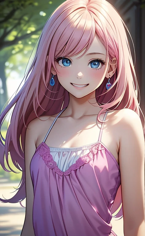 (masterpiece:1.4、top-quality、illustration:1.4,realistic、)、(character focus、,upper body:1.3)、(1girl),(happy smile:1.3),(cute),cute face,blue eyes、(cute)、
,(stand:1.4),(pink blonde　hair),
,(slender),（loose dress:1.3),
(), (flat chest:1.3)、
、slender、