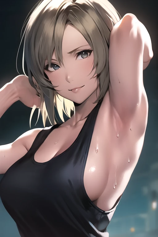 masterpiece, best quality, aya brea, looking at viewer, large breasts, upper body, portrait, seductive smile, put your hands behind your head, armpits, armpits visible, sweaty armpits, wearing black tanktop