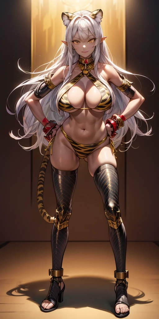 (Masterpiece, best quaility, 4k) (black gyaru darkest skin) (pointy ears) (tiger tail) (Drolta Tzuentes) wearing yellowish tiger print bikini, hands on hips, full body golden = (shackles wristbands, chains, bracers, handcuffs) leather collar choker, metal sandals, big knockers, happy closed mouth red cheeks