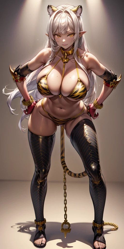 (Masterpiece, best quaility, 4k) (black gyaru darkest skin) (pointy ears) (tiger tail) (Drolta Tzuentes) wearing yellowish tiger print bikini, hands on hips, full body golden = (shackles wristbands, chains, bracers, handcuffs) leather collar choker, metal sandals, big knockers, happy closed mouth red cheeks