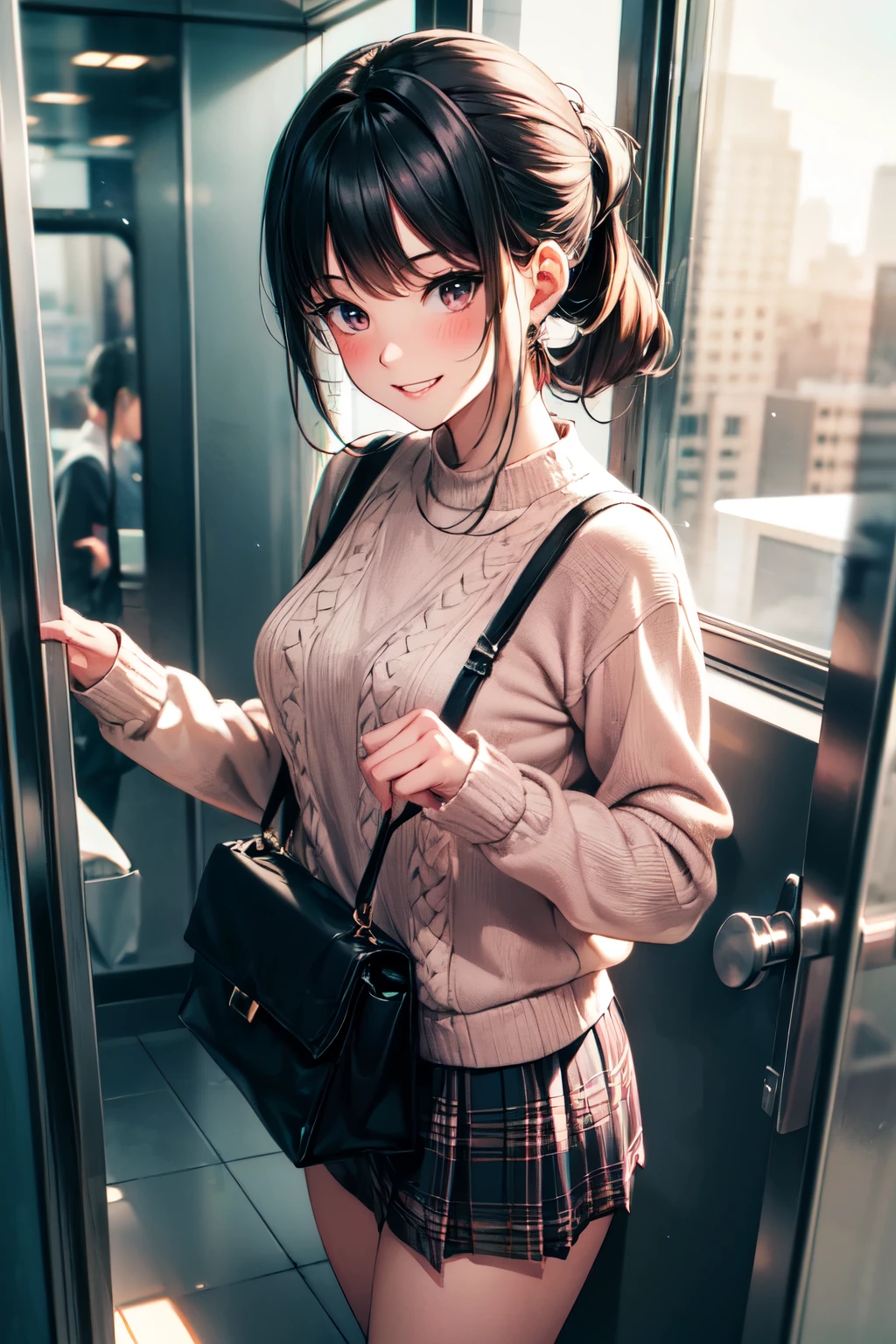 very cute and beautiful girl,(highly detailed beautiful face),
(smile:1.2),happy,embarrassed,looking up,looking at viewer,argyle sweater,cowboy shot,(white and pink plaid skirt),
standing in luxury elevator in hotel,night city view,holding tote bag,black hair,low ponytail,
(best quality,masterpiece),absurdres,highres,ultra-detailed,extremely detailed,32k,8k resolution,
intricate details,cinematic scene,detailed background,solo,dynamic angle,