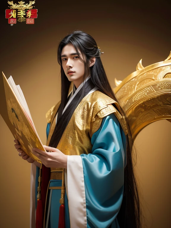 Long-haired handsome guy wearing Hanfu，Chinese dragon，Grand background，Gold，Chinese style，antiquity，Chinese Comics，Original Artwork