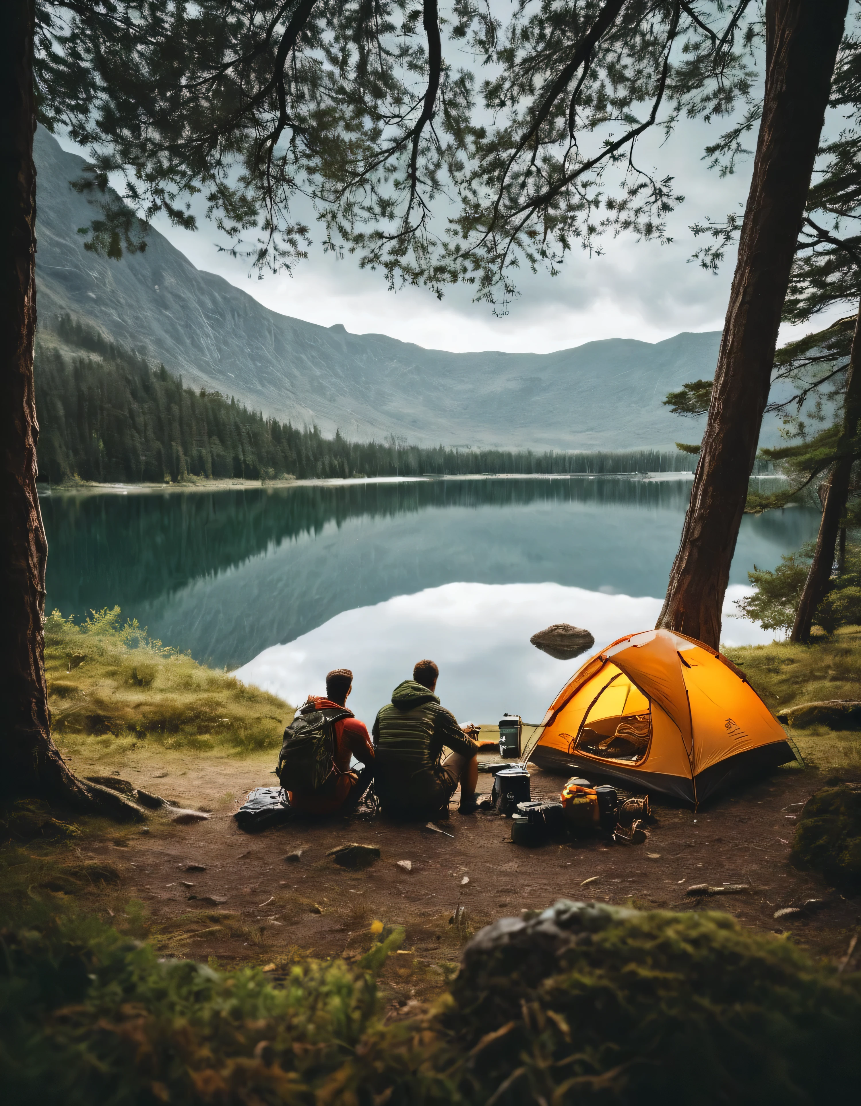 there are two men sitting in a tent next to a lake, epic scenic shot, all in the amazing outdoors view, camping, adventuring gear, peaceful environment, wilderness ambiance, beautiful environment, chill time. good view, outdoors, epic view, setting in nature, immensely detailed scene, perfect composition artem demura, beautiful place, relaxing environment