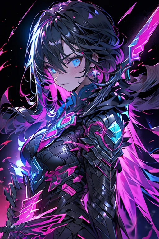 1lady.solo,cool,dark,darkness, jet black,night,neon light,Assassin,cloak, put on the hood,upper body,in town