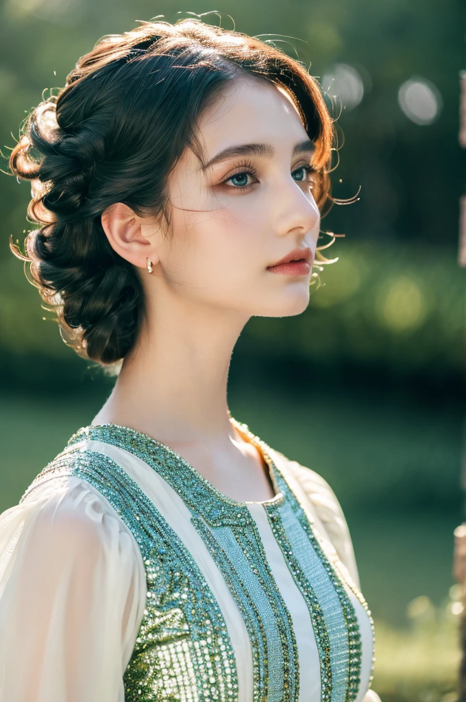 ( masterpiece, top quality, best quality,8k,17 years old girl,ultra detailed,raw photo:1.5),(photorealistic:1.4),(cinematic lighting), PerfectNwsjMajic, , Surrealism, UHD, ccurate, Super detail, textured skin, High detail, Best quality, dynamic angle, (high nose,White skin),[Beautiful blue eyes],(1girl),(good anatomy:0.5)), a woman in a dress, rococo queen, rococo fashion, rococo style portrait,rococo dress, rococo cyberpunk, No estilo de arte de Bowater, Senhora Vitoriana, Dreamy atmosphere,expressive brush strokes, mystical ambiance, Artistic interpretation, a whimsical illustration, Subtle colors and tones, face, (pin curls hairstyle), Palace 