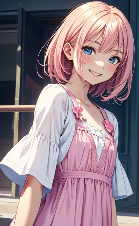 (masterpiece:1.4、top-quality、illustration:1.4,realistic、)、(character focus、,upper body:1.3)、(1girl),(happy smile:1.3),(cute),cute face,blue eyes、(cute)、
,(stand:1.4),(pink blonde　hair),
,(slender),（loose dress:1.3),
(), (flat chest:1.3)、
、slender、