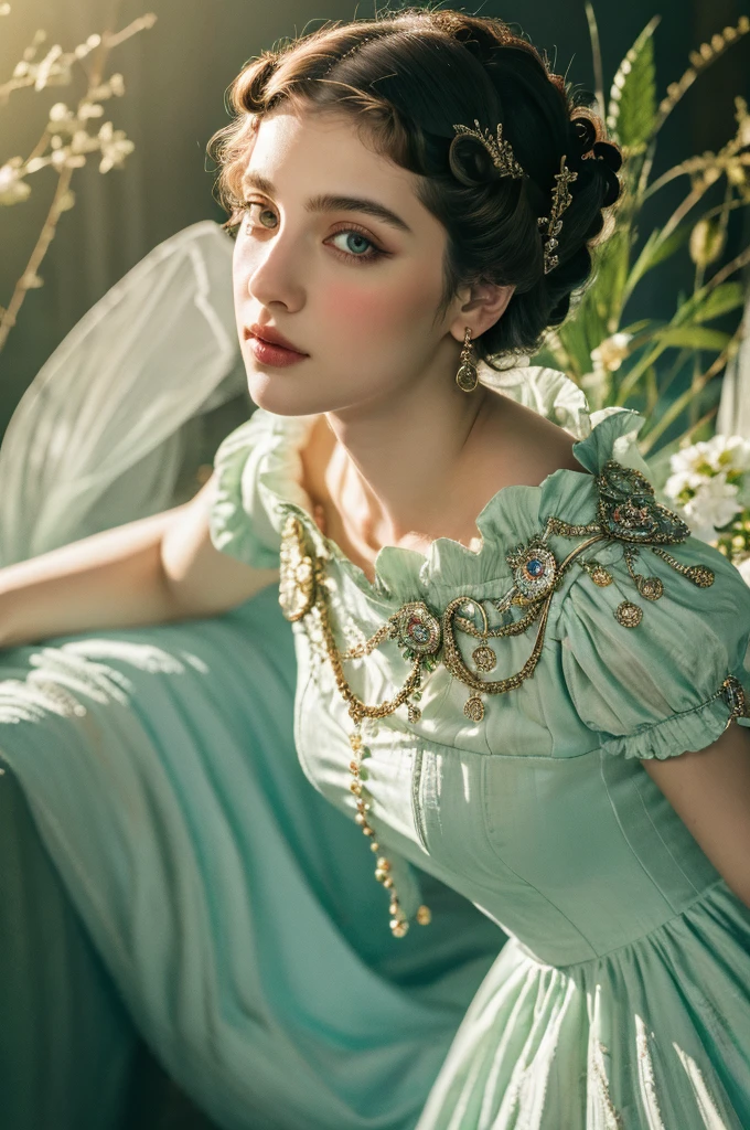 ( masterpiece, top quality, best quality,8k,17 years old girl,ultra detailed,raw photo:1.5),(photorealistic:1.4),(cinematic lighting), PerfectNwsjMajic, , Surrealism, UHD, ccurate, Super detail, textured skin, High detail, Best quality, dynamic angle, (high nose,White skin),[Beautiful blue eyes],(1girl),(good anatomy:0.5)), a woman in a dress, rococo queen, rococo fashion, rococo style portrait,rococo dress, rococo cyberpunk, No estilo de arte de Bowater, Senhora Vitoriana, Dreamy atmosphere,expressive brush strokes, mystical ambiance, Artistic interpretation, a whimsical illustration, Subtle colors and tones, sunny,face, (pin curls hairstyle), Palace 