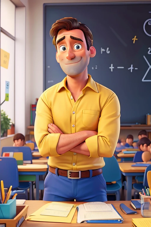 Jon Hamm, Cartoons in yellow shirt and blue pants, arms crossed, math teacher, word math, olhando para frente e sorrindo com os dentes aparecendo;