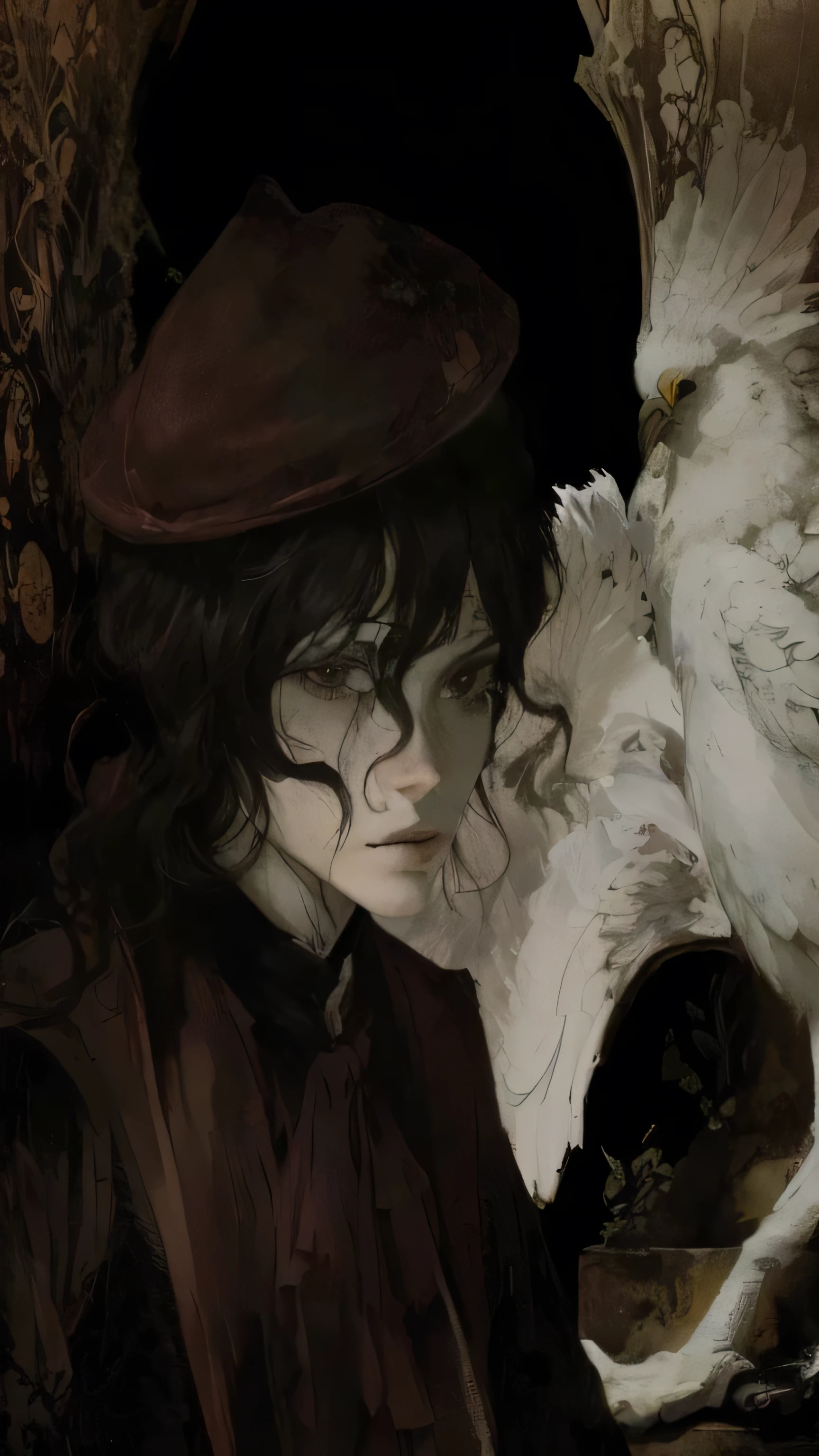 painting of a woman with a hat and a bird in the background, Abigail Larson, Portrait of a Bloody Hunter, Vania Zouravliov, Estilo de Dave McKean, arte transmitida pelo sangue, takato yamamoto aesthetic, O Homem-Areia Surreal de Neil Gaiman, Miguel Hussardo, por Kamisaka Sekka, inspirado em Dave McKean, Jamie Hewlett Arte, arte assustadora, arte surrealista, Best possible quality, unrealistic, drawing strokes,