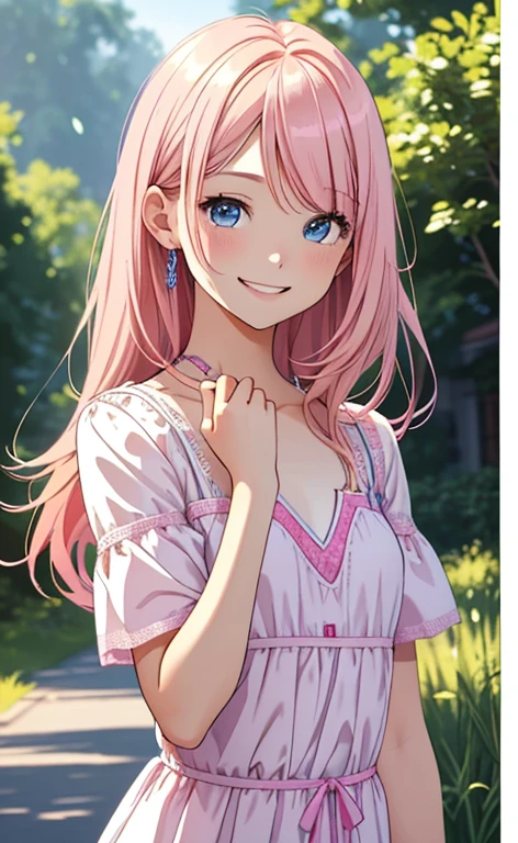(masterpiece:1.4、top-quality、illustration:1.4,realistic、)、(character focus、,upper body:1.3)、(1girl),(happy smile:1.3),(cute),cute face,blue eyes、(cute)、
,(stand:1.4),(pink blonde　hair),
,(slender),（loose dress:1.3),
(), (flat chest:1.3)、
、slender、
