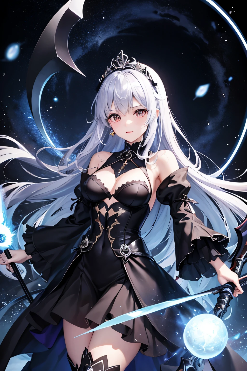 (((highest quality、first-clasasterpiece、Normal body、8k、Detailed face、Ultra-precision、Normal hand、Normal finger、5Finger、)))Silver Hair、Princess、Black Dress、Black Skirt、Ridiculous Costumes、Shiny Tiara、Metal Boots、Death Scythe、Fantastic Scythe、Dark Scythe、Grim Reaper、grim Reaper、Milky Way、big bang、Supernova、Black Hole、巨大なmagic陣、背後にmagic cirlcle、magic、Colorful Magic Light、magic cirlcle、召喚magic、Order and Chaos、creation myth