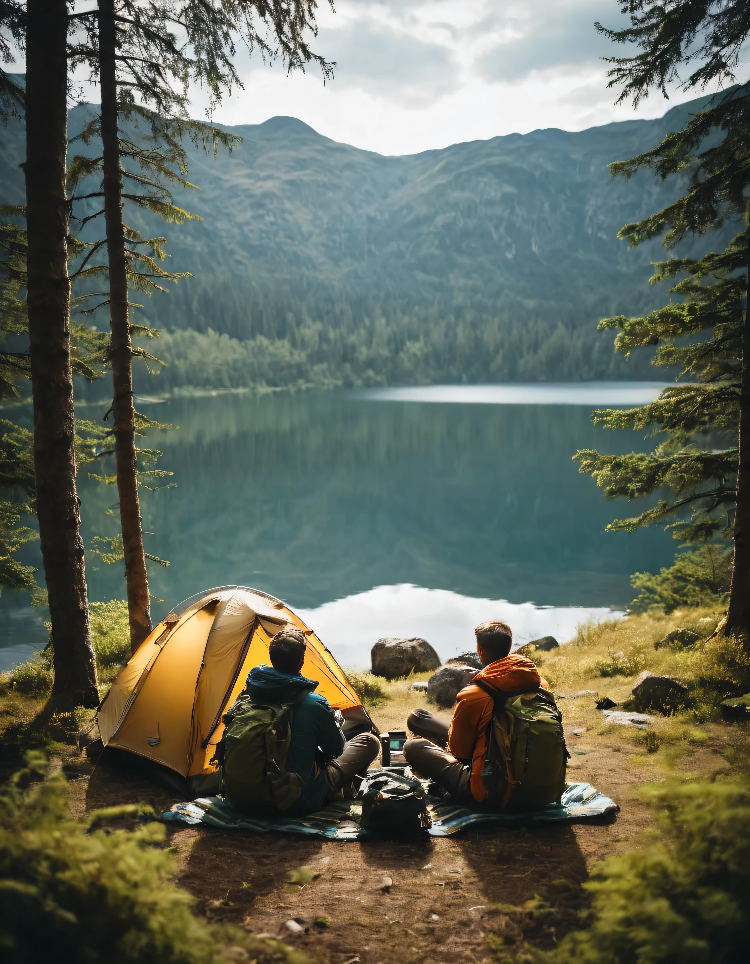 there are two men sitting in a tent next to a lake, epic scenic shot, all in the amazing outdoors view, camping, adventuring gear, peaceful environment, wilderness ambiance, beautiful environment, chill time. good view, outdoors, epic view, setting in nature, immensely detailed scene, perfect composition artem demura, beautiful place, relaxing environment