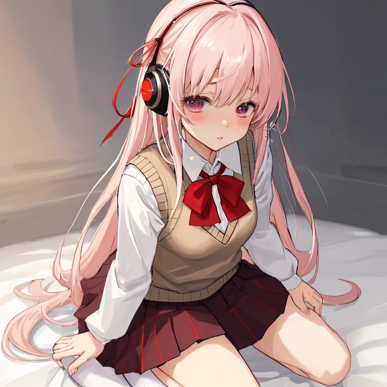 (8k、highest quality、masterpiece:1.2)、Illustration touch、Ultra-detailed、Super A High Resolution、Light pink hair、long hair、Headphones、Woman in uniform、High 、白色の長袖ブラウスと紺色のSweater vest、The top button is fastened、The red ribbon is tied tightly、Red ribbon tie、紺色のSweater vest、Sweater vest、Red Check Skirt、Red Check Skirt、mini skirt、White knee socks、Long white socks、delicate、On all fours、On my knees、On all foursで腰を上げている、Sexy pose、Inner thighs、White panties、(School uniform:1.4)、Blushing