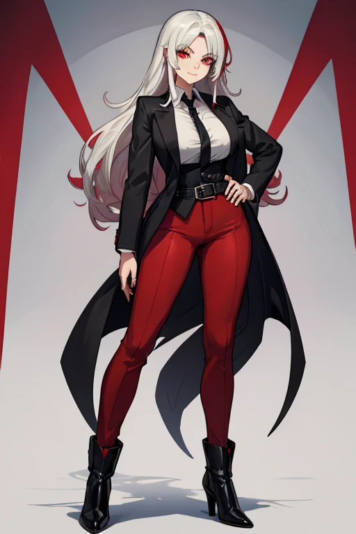 female, silver long hair with black highlights, red eyes, (((1girl))), (((red business suit))), (red pants), (black dress shirt), (black ankle boots), (black belt), cute and sexy, full body, large breasts, large butt, long legs, smiling, young