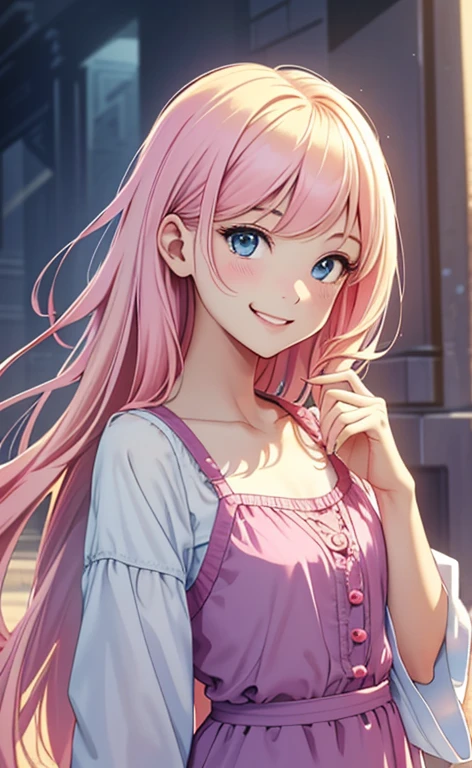 (masterpiece:1.4、top-quality、illustration:1.4,realistic、)、(character focus、,upper body:1.3)、(1girl),(happy smile:1.3),(cute),cute face,blue eyes、(cute)、
,(stand:1.4),(pink blonde　hair),
,(slender),（loose dress:1.3),
(), (flat chest:1.3)、
、slender、
