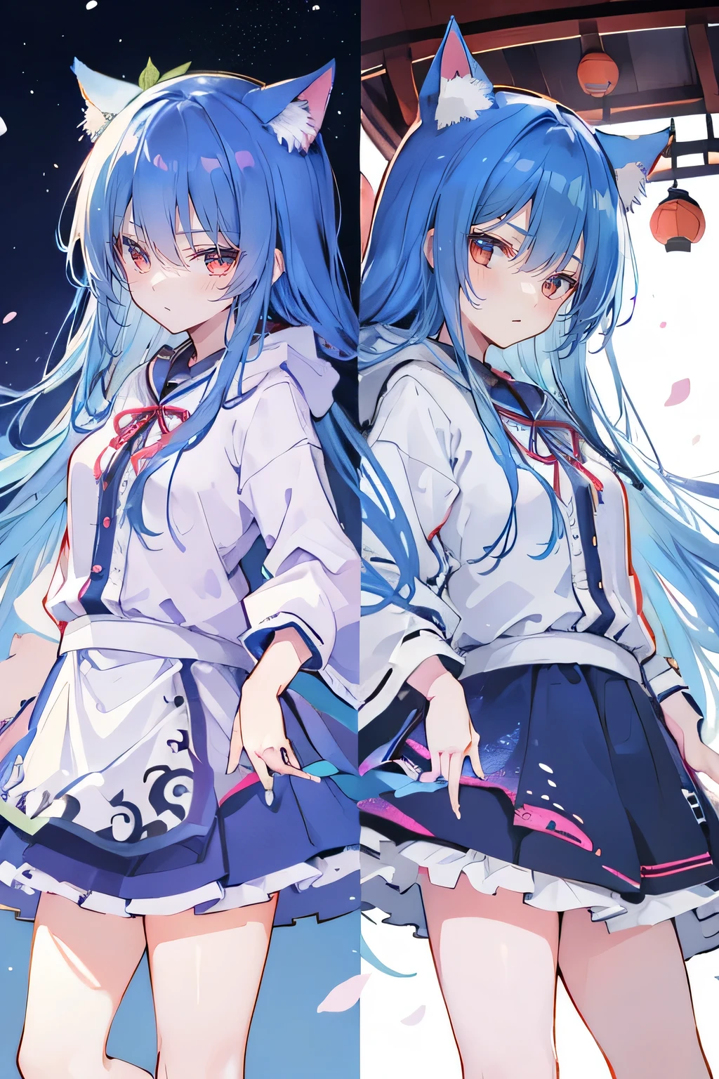 (masterpiece:1.2),Super detailed,lifelike,Expressive eyes,fair skin,perfect face shape,1 girl,
Japanese comics,Gorgeous blue hair,flowing blue hair,flowing clothes,Cat ears,Petals fall,beautiful lola,Baby Angel,
Shaking head with one hand,Cross your legs,Gentle and peaceful background,The pavilion is cool and comfortable,smile, wearing hoodie, background of tokyo,back views,snowing, winter.