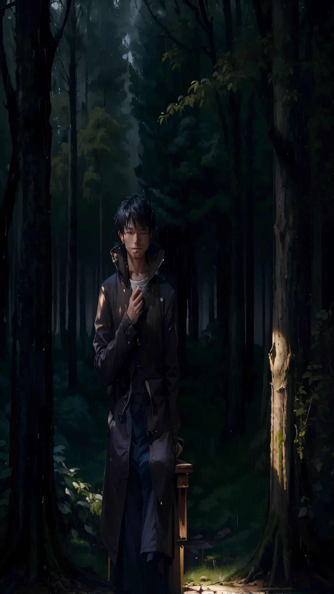A man sit by alone forest top and enjoying the rainy view 
