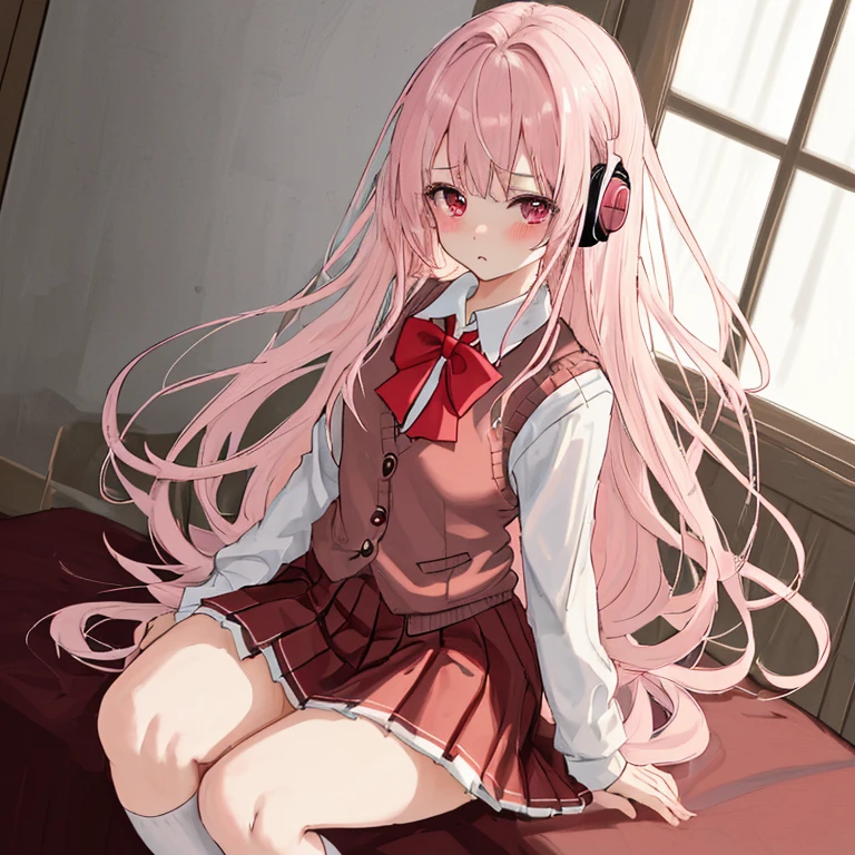 (8k、highest quality、masterpiece:1.2)、Illustration touch、Ultra-detailed、Super A High Resolution、Light pink hair、long hair、Headphones、Woman in uniform、High 、白色の長袖ブラウスと紺色のSweater vest、The top button is fastened、The red ribbon is tied tightly、Red ribbon tie、紺色のSweater vest、Sweater vest、Red Check Skirt、Red Check Skirt、mini skirt、White knee socks、Long white socks、delicate、On all fours、On my knees、On all foursで腰を上げている、Sexy pose、Inner thighs、White panties、(School uniform:1.4)、Blushing