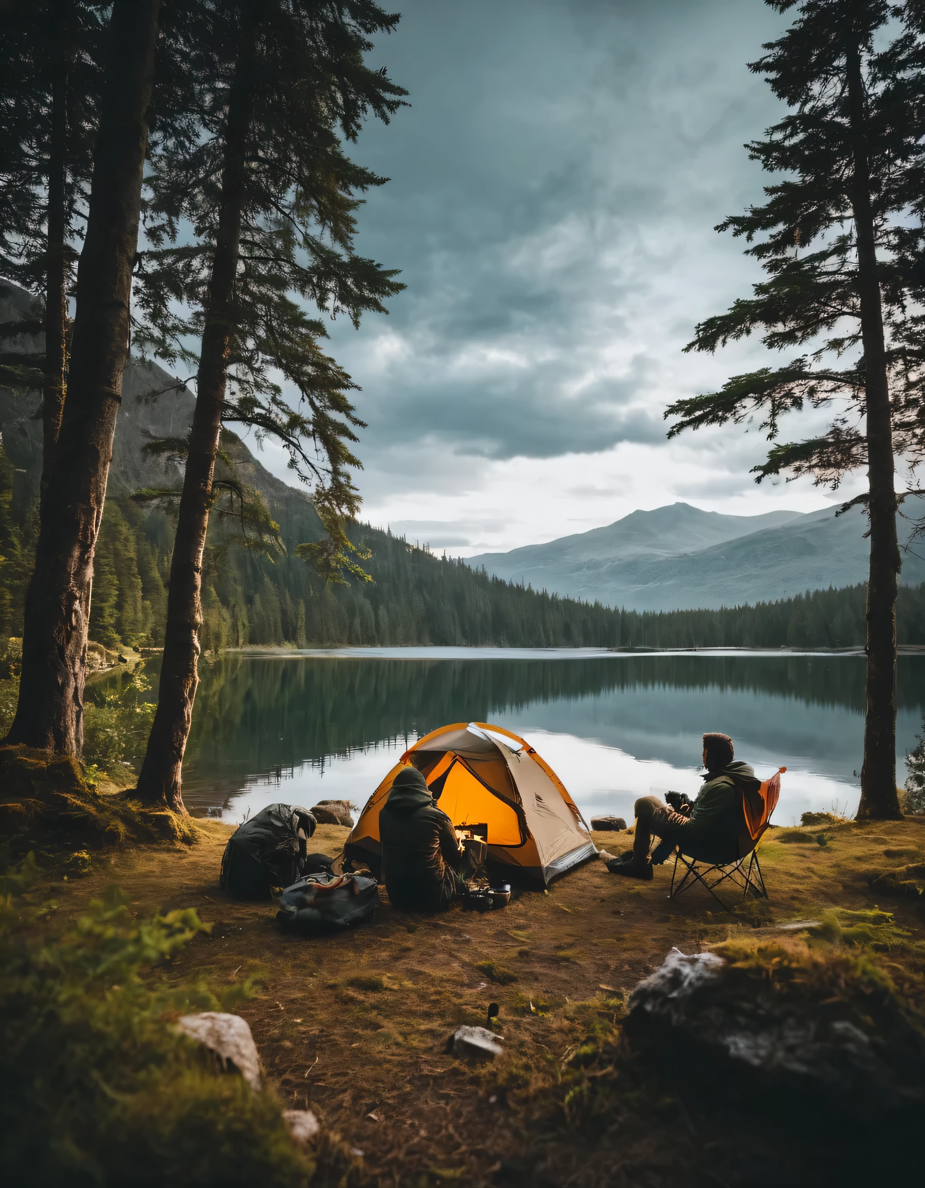 there are two men sitting in a tent next to a lake, epic scenic shot, all in the amazing outdoors view, camping, adventuring gear, peaceful environment, wilderness ambiance, beautiful environment, chill time. good view, outdoors, epic view, setting in nature, immensely detailed scene, perfect composition artem demura, beautiful place, relaxing environment