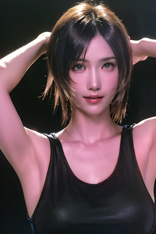 masterpiece, best quality, aya brea, looking at viewer, large breasts, upper body, portrait, seductive smile, put your hands behind your head, armpits, armpits visible, sweaty armpits, wearing black tanktop