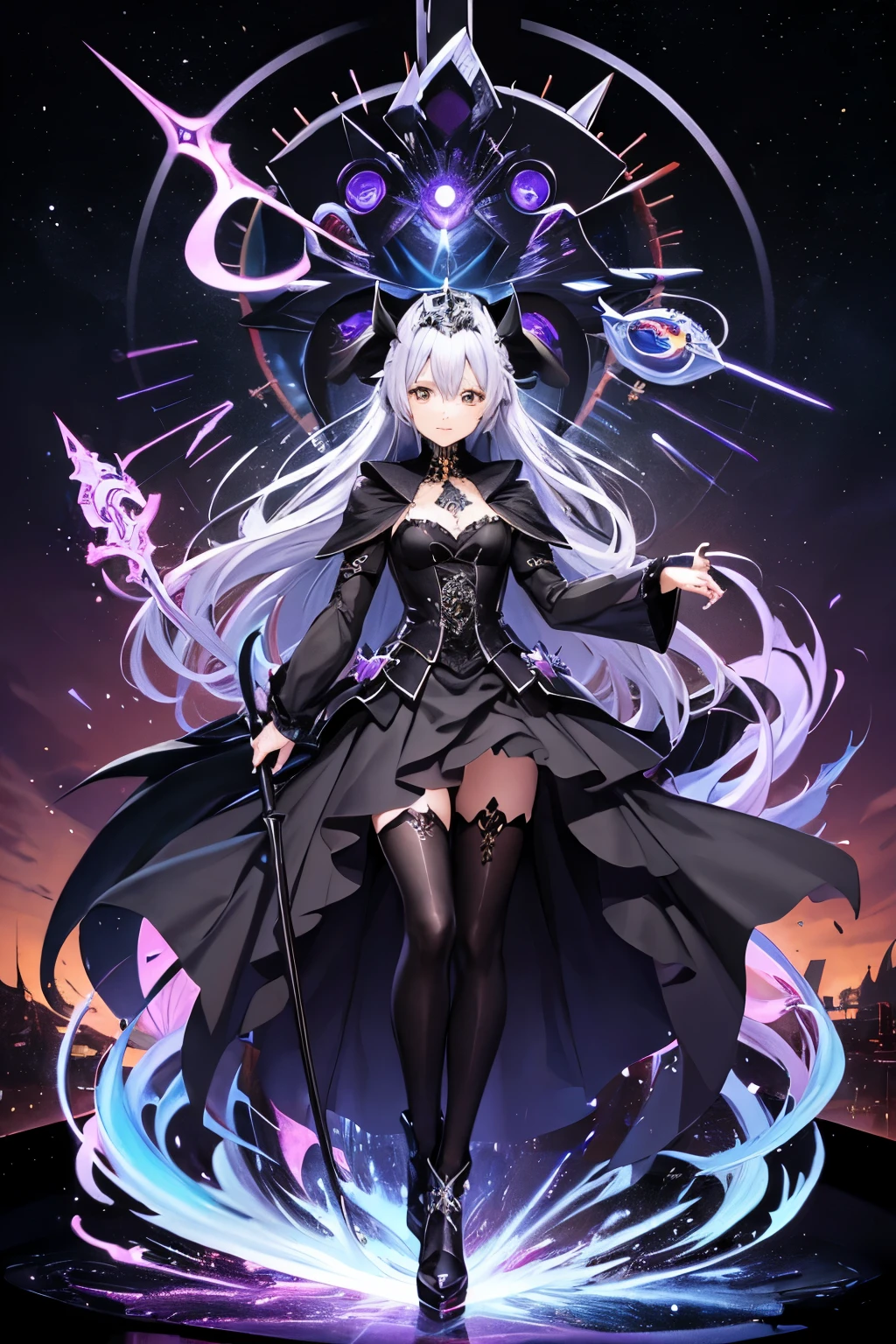 (((highest quality、first-class、masterpiece、Normal body、8k、Detailed face、Ultra-precision、Normal hand、Normal finger、5Finger、)))Silver Hair、Princess、Black Dress、Black Skirt、Ridiculous Costumes、Shiny Tiara、Metal Boots、Death Scythe、Fantastic Scythe、Dark Scythe、Grim Reaper、grim Reaper、Milky Way、big bang、Supernova、Black Hole、巨大なmagic陣、背後にmagic cirlcle、magic、Colorful Magic Light、magic cirlcle、召喚magic、Order and Chaoyth