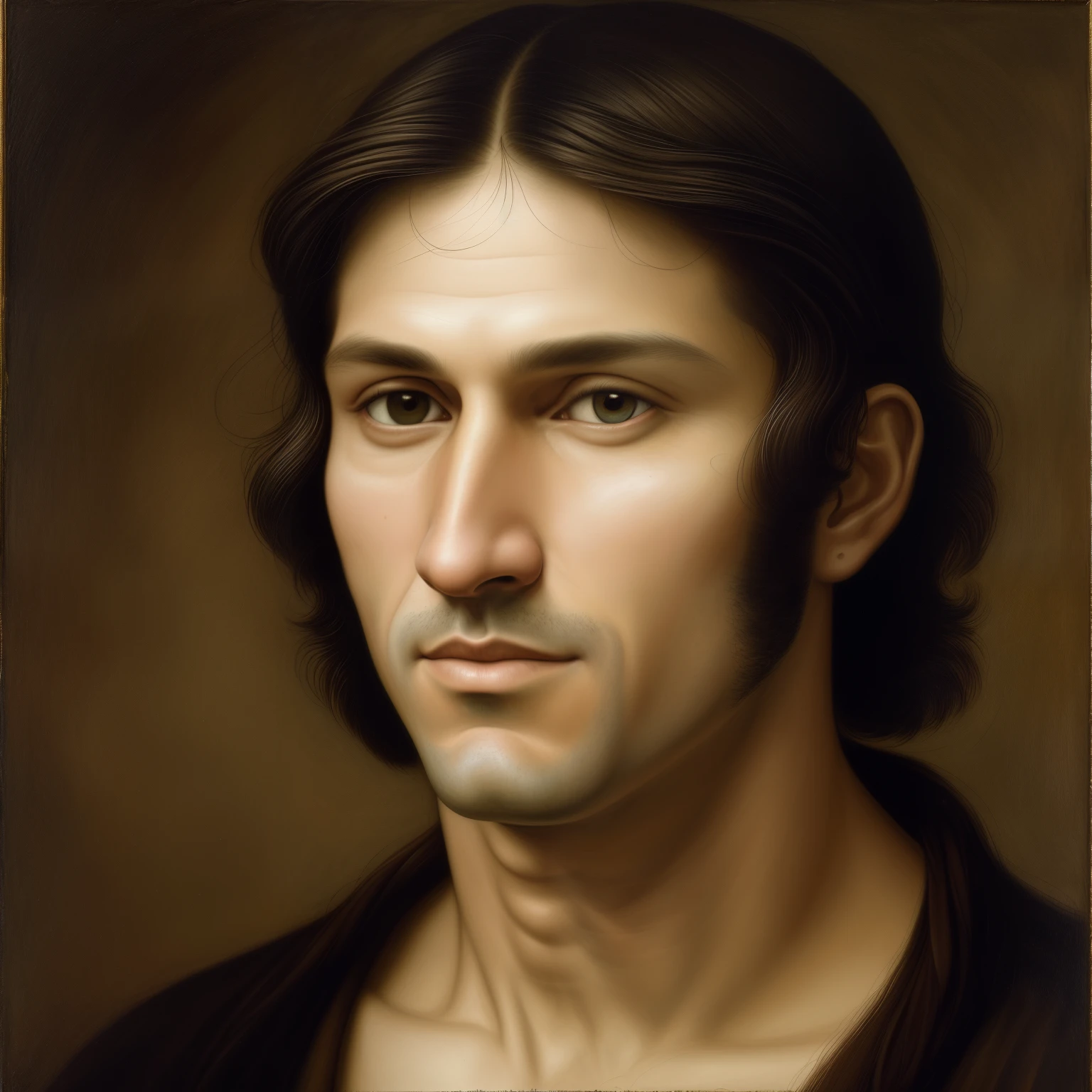 Ernesto Chegara, in the likeness of Leonardo da Vinci's artistic mastery, creates a painting that beautifully captures the essence of his subject. The scene is set against a backdrop of a serene landscape, with the focus on a young man in the foreground. His features are defined by a meticulous attention to detail, with a delicately rendered portraiture that brings his expressive eyes to life. The contours of his face are sculpted with subtle shading, and the fine lines of his hair are individually rendered to create a sense of depth and volume. The painting is executed with exceptional quality, showcasing the artist's virtuosity in capturing the human form