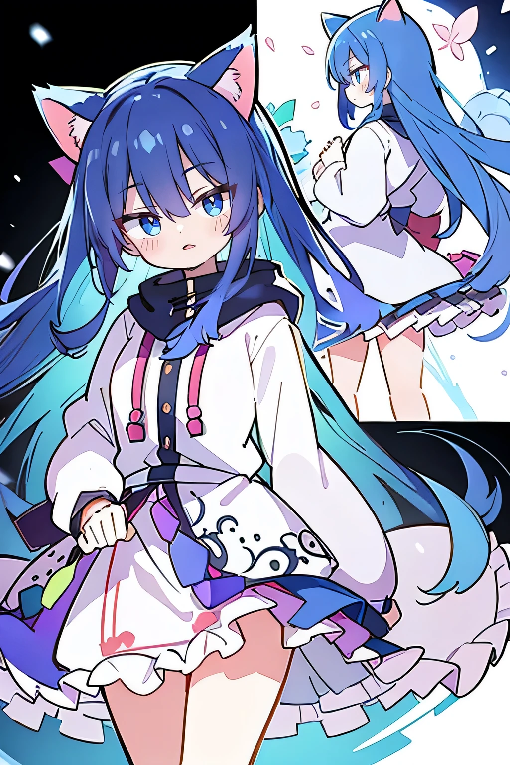 （masterpiece：1.2），Super detailed，lifelike，Expressive eyes，fair skin，perfect face shape，1 girl，
Japanese comics,Gorgeous blue hair,flowing blue hair,flowing clothes,Cat ears,Petals fall,beautiful lola,Baby Angel,
Shaking head with one hand，Cross your legs，Gentle and peaceful background，The pavilion is cool and comfortable,smile, wearing hoodie, background of tokyo,back views,snowing, winter.
