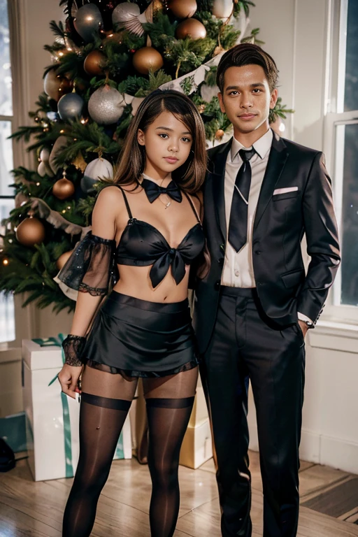 photorealistic high-quality medium shot picture, Jenna Ortega posing near a Christmas tree with her husband, (((Female is a ta black mini dress and platino 15 denier black sheer pantyhose))), (((Male (husband has brown hair) and is wearing a suit, shirt and tie with suit pants))), arms are around each other and hold each other close, medium shot
