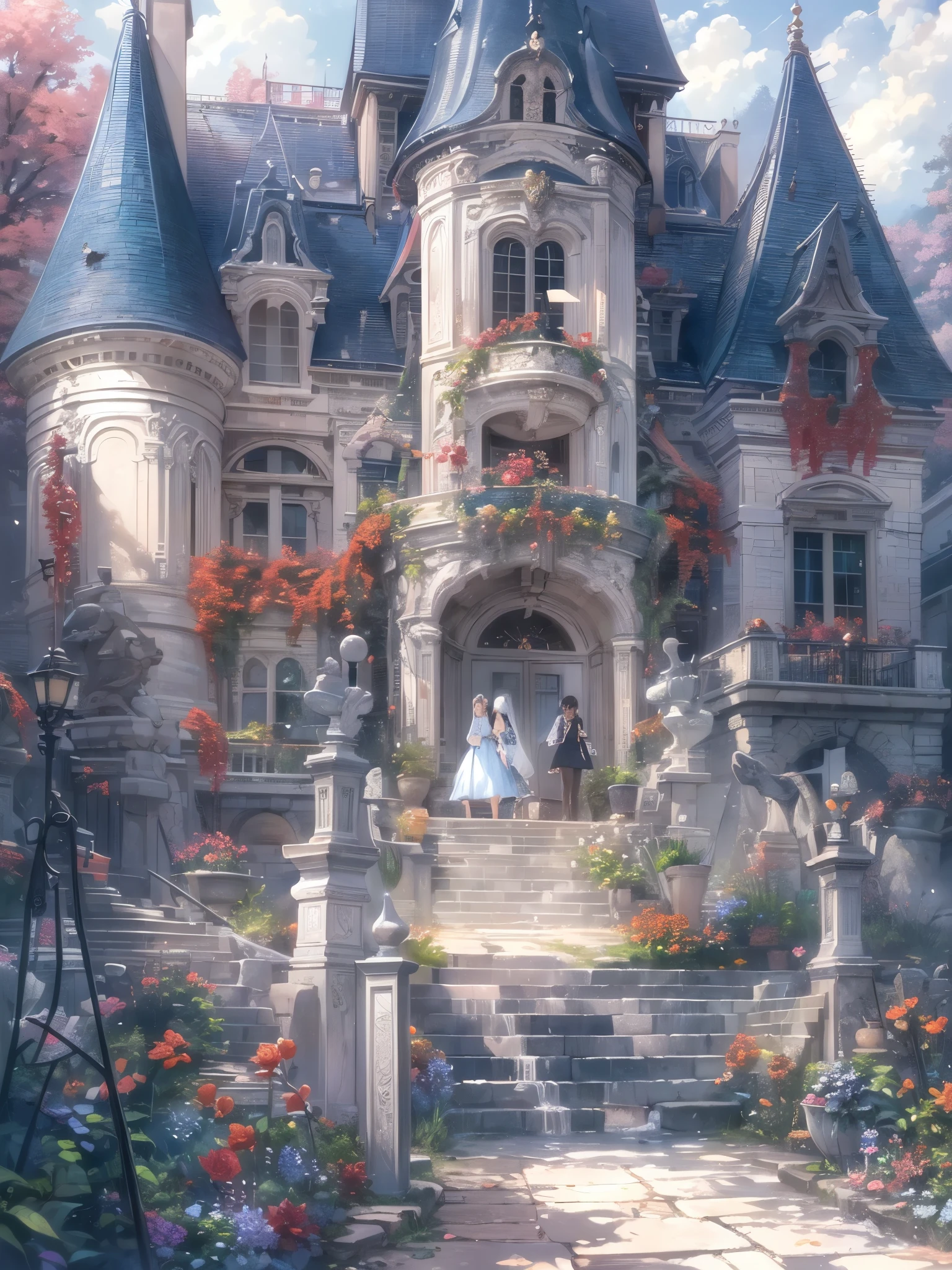 ((highest quality)),(Ultra-high resolution),(Very detailed),(Detailed Description),((The best CG)),(A masterpiece),Ultra-detailed art,Amazing drawing art,(Art with exquisite detail:1.5), Chateau, Red Rose,