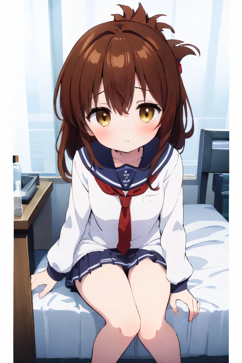 An unwell high school girl wearing a miniskirt sailor suit in the health room(masterpiece, best quality:1.2),illustration,8k,hd,1girl,solo,upper body,(portrait:1.2),brown_hair,folded_ponytail,brown_eyes,serafuku,long_hair,school_uniform,skirt,pleated_skirt,