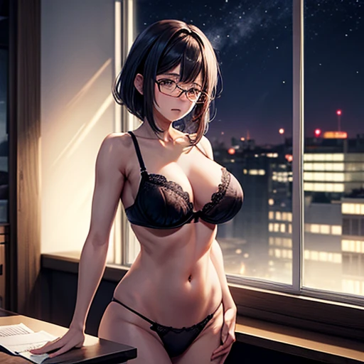Magia realista de uma mulher com short, cabelo grisalho, wearing glasses, vestindo um moletom preto, expression of fear, standing, setting up a night office, night buildings in the landscape through the window in panties and bras
