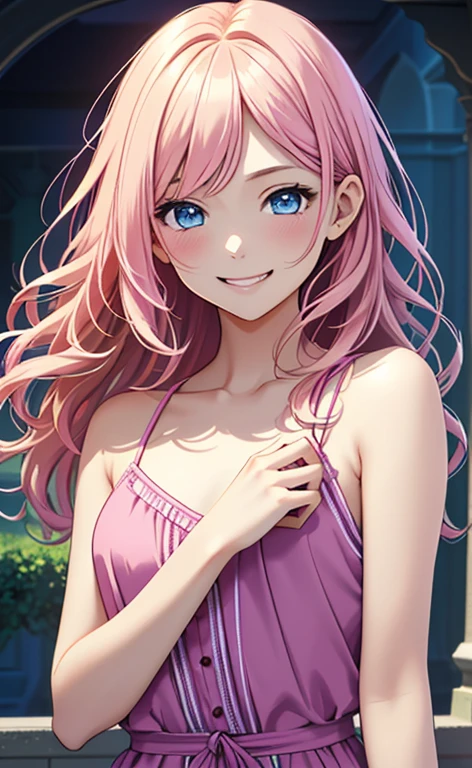 (masterpiece:1.4、top-quality、illustration:,realistic、)、(character focus、,upper body:1.3)、(1girl),(Open mouth light smile:1.3),(),cute face,blue eyes、(tareme:1.3)、
(reclining
:1.4),(pink blonde hair),(very long hair:1.3)、
,(Flower Field、Flower storm:1.3),(white camisole dress:1.5),
(blunt bangs),(volumey,sidelocks,wavy hair:1.3), (small breasts:1.3)、
、slender、