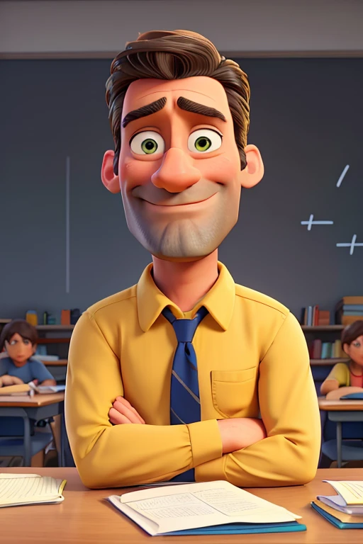 Jon Hamm, Cartoons in yellow shirt and blue pants, arms crossed, black Medium length beard, math teacher, word math,holding math books, olhando para frente e sorrindo com os dentes aparecendo;